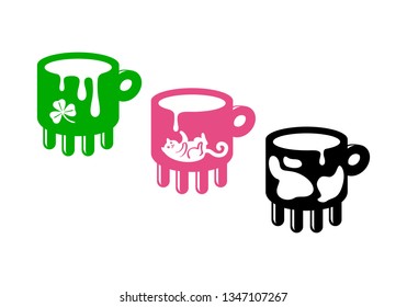 Color graphic icon set or logo. Mug or cup of milk in the form of a cow udder with the image of drips or drops, a cat and a clover leaf. Vector illustration isolated on white background, for design.
