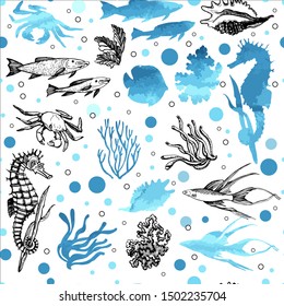 Color graphic pattern of marine animals.  Manual graphics. Sketches. Sea animals, corals and algae. Vector illustration.  Seamless ornament for decorating various surfaces. Watercolor elements.