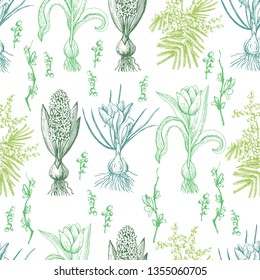 Color graphic pattern with spring plants. Endless ornament for a variety of decorative surfaces. Tulips, crocuses, hyacinths, mimosa. Vintage motive. 
