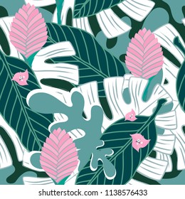 Color graphic seamless pattern from southern tropical plants, leaves and cute pink pastel flowers for decor, fabrics, wallpaper and design. Vector flat illustration, isolated on background.