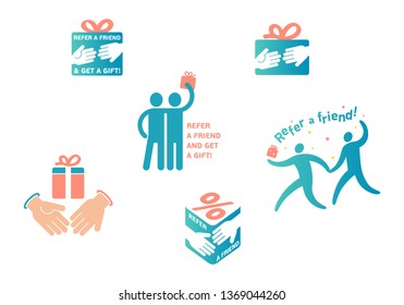 Color graphic set, collection of icons, symbols or banners for referral program. Bring, refer friend and get gift or discount. Vector illustration isolated on background. Friend Sharing Referral Code.