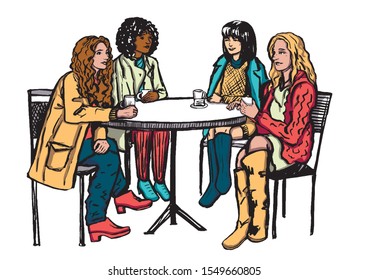 Color graphic vector drawing. Quick sketches of people. Company of friends spend time together. Four young beautiful girls of different nationalities and races. Get-togethers in a cafe. Cartoon style