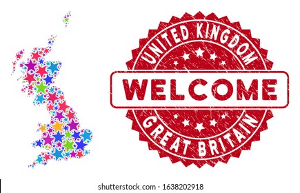Color Great Britain map collage of stars, and scratched round red WELCOME seal. Abstract territorial scheme in bright color tones. Vector Great Britain map is designed of bright stars.