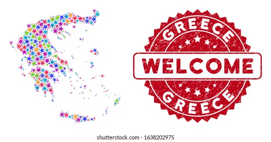 Color Greece map mosaic of stars, and scratched round red WELCOME stamp seal. Abstract territory scheme in bright color tones. Vector Greece map is done of bright stars. Designed for political,