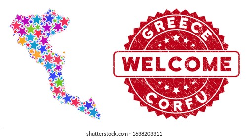Color Greek Corfu Island map mosaic of stars, and distress round red WELCOME seal. Abstract territorial plan in bright color tints. Vector Greek Corfu Island map is designed of bright stars.