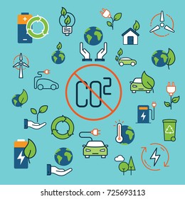 color green energy icons illustration on blue background