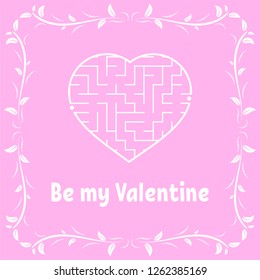 Color greeting card with heart shaped labyrinth. Happy Valentine's Day. Game for kids and adults. Puzzle for children. Maze conundrum. Vector illustration. Vintage frame