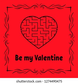 Color greeting card with heart shaped labyrinth. Happy Valentine's Day. Game for kids and adults. Puzzle for children. Maze conundrum. Vector illustration. Vintage frame
