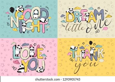 Color Greeting card set design with cute panda bears and quotes 