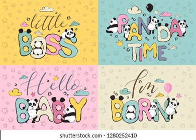 Color greeting cards design set with cute panda bears and quote s
