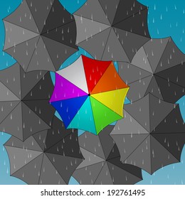 color and grey umbrellas on rainy background. vector illustration