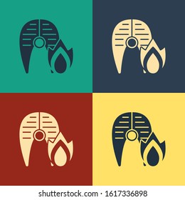 Color Grilled fish steak and fire flame icon isolated on color background. Vintage style drawing. Vector Illustration