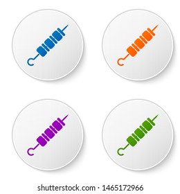 Color Grilled shish kebab on skewer stick icon isolated on white background. Meat kebab on skewer stick. Picnic with grilled meat. Set icons in circle buttons. Vector Illustration