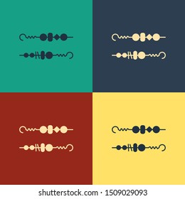 Color Grilled shish kebab on skewer stick icon isolated on color background. Meat kebab on skewer stick. Picnic with grilled meat. Vintage style drawing. Vector Illustration