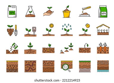 Color ground soil, agriculture and agronomy line icons, vector organic plant seedling. Garden seeds grow in earth, eco farm land and ground soil cultivation, farming and agrarian linear icons