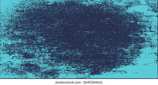 Color grunge turquoise background. Halftone elements. Texture of spots, stains, ink, dots, scratches. Vintage damaged cyan design backdrop. Abstract aged green wall