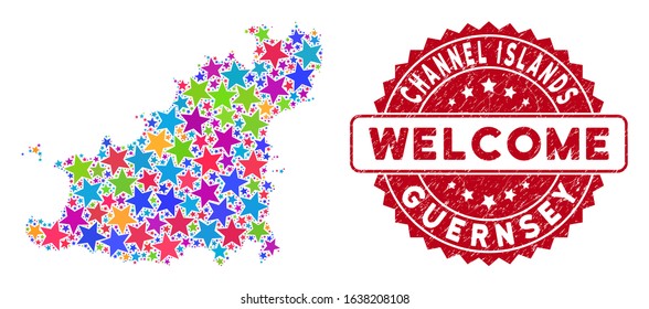 Color Guernsey Island map composition of stars, and scratched rounded red WELCOME seal. Abstract territory scheme in colorful color tints. Vector Guernsey Island map is designed of color stars.