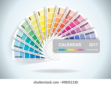 Color guide calendar 2017. Colorful charts samples. Rainbow paper hand fan. Vector illustration.