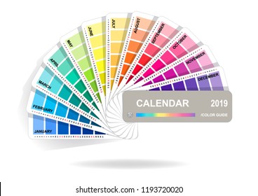 Color guide calendar 2019. Colorful charts samples isolated on white background. Rainbow paper hand fan. Vector illustration