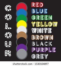 Color guide color name. Children educational Learning color theme and vocabulary. Set of colored blots on the black background. Vector illustration.