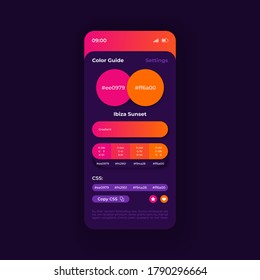 Color guide smartphone interface vector template. Mobile app page black theme design layout. Flat UI for application. Paints combination catalog screen. Trendy color schemes. Phone display