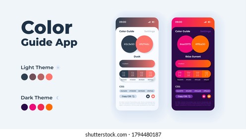 Color guide smartphone interface vector templates set. Mobile app page dark and light theme design layout. Flat UI for application. Paint combination catalog. Color palette generator. Phone display