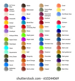 color guide whit color name in alphabet order