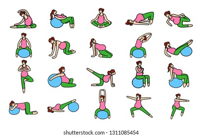 Color Gymnastic for pregnant icon set. Set of 20 Yoga poses for Pregnant women. Prenatal exercise. Fitness healthy lifestyle. Vector illustration.