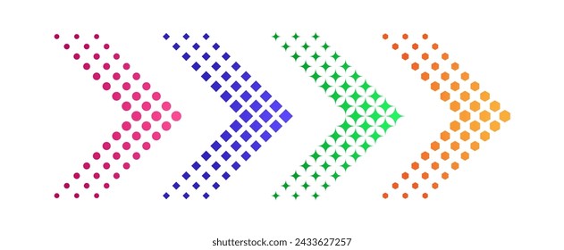 Color halftone arrows. Dotted arrow signs, red, green and blue, orange directional sign. Pointers with round, square and hexagon, diamond pixels. Vector icons. Different arrowheads showing direction