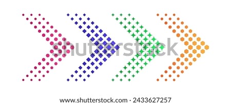 Color halftone arrows. Dotted arrow signs, red, green and blue, orange directional sign. Pointers with round, square and hexagon, diamond pixels. Vector icons. Different arrowheads showing direction