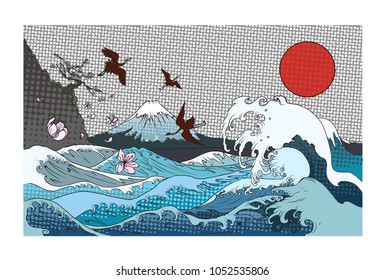 color halftone Fuji mountain background.Hand drawn Japanese art Fuji mountain with heron bird and ocean wave.red sun and dot background.