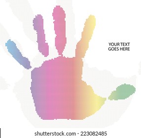 Color halftone imprint of neon hand, vector illustration isolated