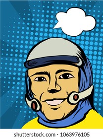 Color halftone and Pop art style.Astronauts fly in The space and atmosphere background.Comic Space man Halftone and Pop art style.