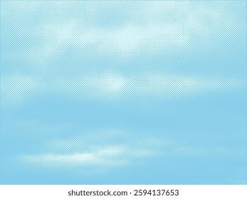 Color halftone texture of blue sky with clouds. Abstract cloud pattern vector dotted pixel texture background with copy space.