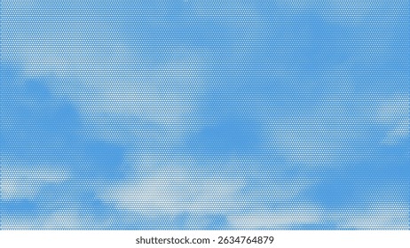 Color halftone texture of blue sky with clouds. Abstract cloud pattern vector dotted pixel texture background with copy space.