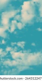 Color halftone texture of blue sky with clouds. Abstract cloud pattern vector dotted pixel texture background with copy space. Vintage cloudy sky