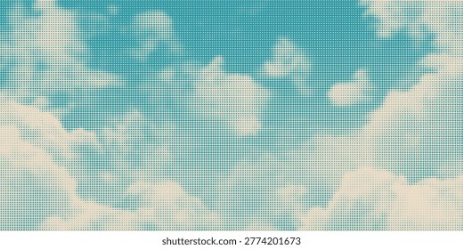 Color halftone texture of blue sky with clouds. Abstract cloud pattern vector dotted pixel texture background with copy space. Vintage cloudy sky