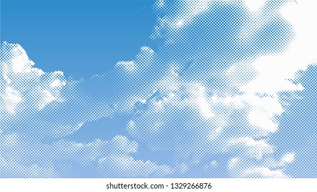 Color halftone texture of clouds. White clouds against blue sky. Vector illustration.