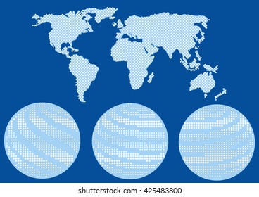 color halftone world map and earth globe icons.vector background with polka dots world map and earth globe icons.