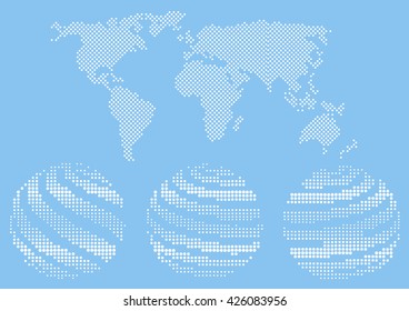color halftone world map silhouette and globes.vector concept with polka dots continents and globe icons isolated on light blue background.