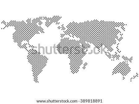 Color Halftone World Map.Color Halftone.Vector Color Halftone Map Silhouette.Black and White Polka Dots World Map.