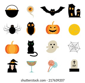 Color Halloween icons set in flat design style, vector illustration