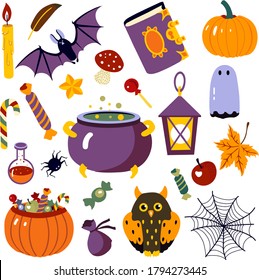 Color halloween set, decorative design, vector illustration