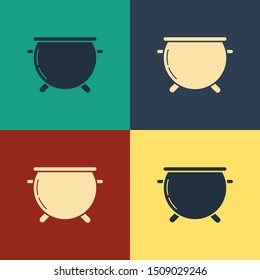 Color Halloween witch cauldron icon isolated on color background. Happy Halloween party. Vintage style drawing. Vector Illustration