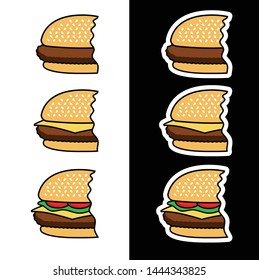Color hamburger icon set with bite marks half eaten with regular burger, cheeseburger, and deluxe cheeseburger with lettuce and tomato on white and black backgrounds