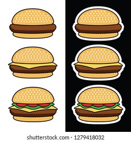 Color hamburger icon set with regular burger, cheeseburger, and deluxe cheeseburger with lettuce and tomato on a white background with sticker white outlined versions in a burger icon set