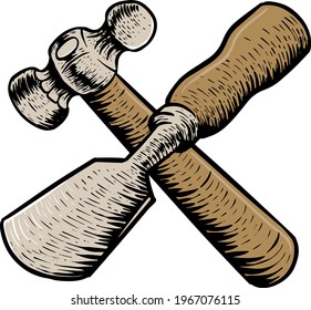 Color hammer and chisel icon woodworking tool svg
