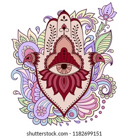 Color Hamsa hand drawn symbol on flower ornament. Decorative pattern in oriental style for the interior decoration and henna drawings. The ancient sign of "Hand of Fatima". Print on t-shirt.