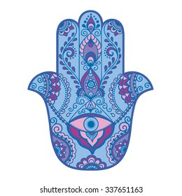 Color Hamsa hand drawn symbol. Decorative pattern in oriental style for the interior decoration and henna drawings. The ancient sign of "Hand of Fatima".