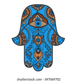 Color Hamsa hand drawn symbol. Decorative pattern in oriental style for the interior decoration and henna drawings. The ancient sign of "Hand of Fatima".